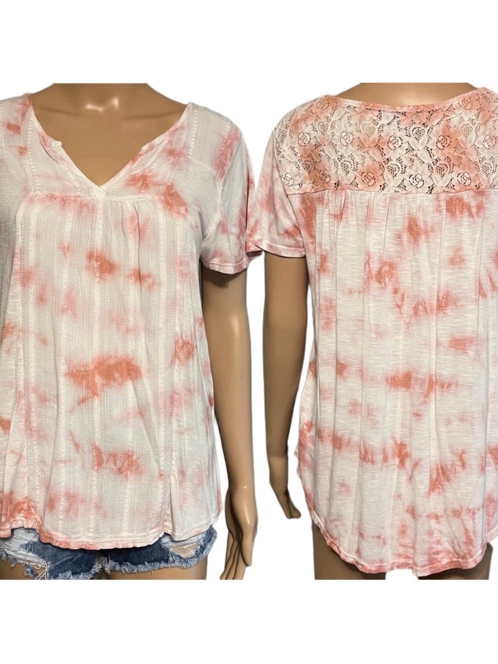 $6 if bundled KNOX ROSE Coral Tie Dye Floral Lace Blouse Size Medium Boho